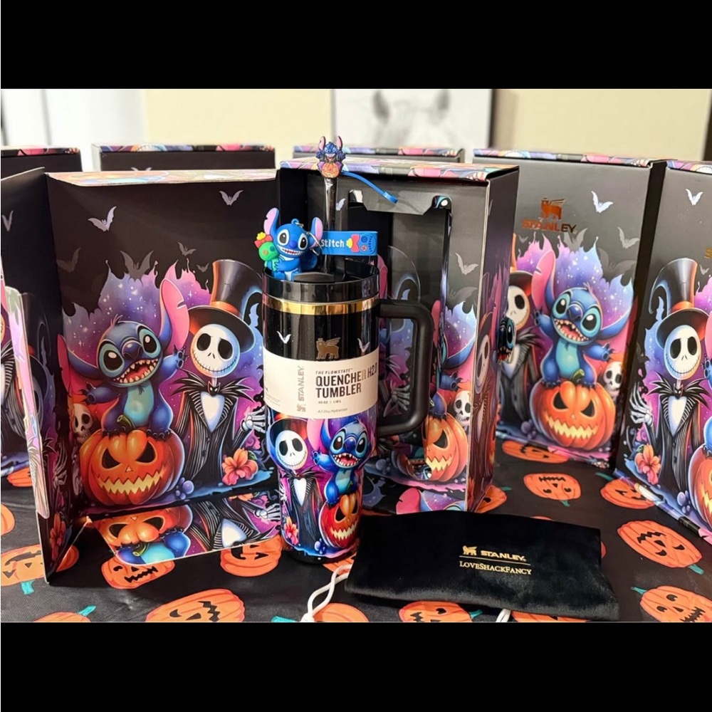 Stanley Halloween Tumbler with Stitch and jack the skeleton with box/keychain